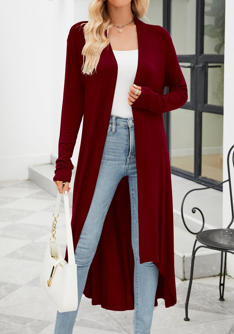 POGTMM Women's Long Open Front Drape Lightweight Duster High Low Hem Maxi Long Sleeve Cardigan (Wine Red, S) - Image 1